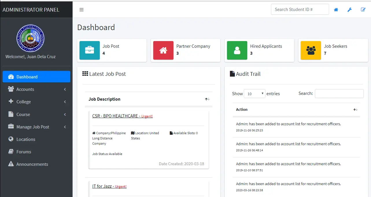 Online Alumni Tracer and Job Portal System Admin Dashboard