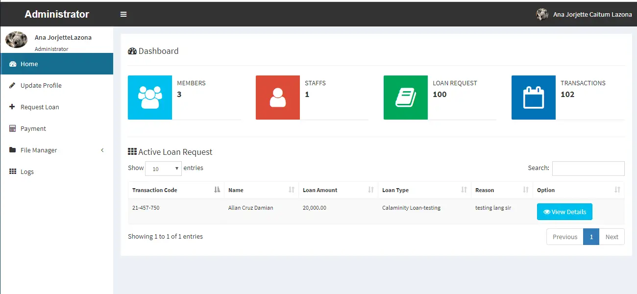 Online Loan Management System Admin Dashboard