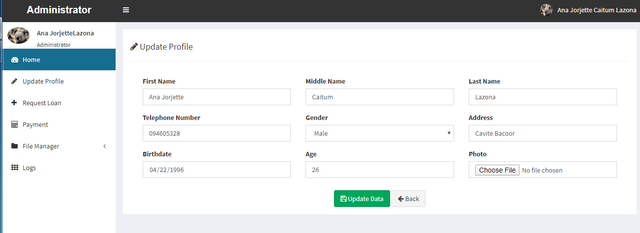 Online Loan Management System Admin Profile