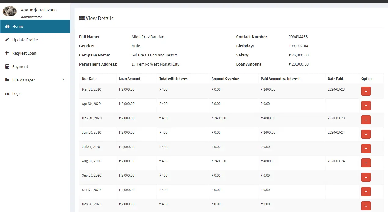 Online Loan Management System Loan Details