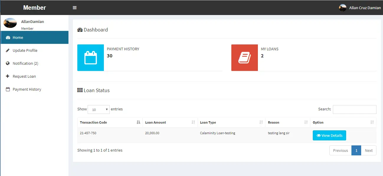 Online Loan Management System Member Dashboard