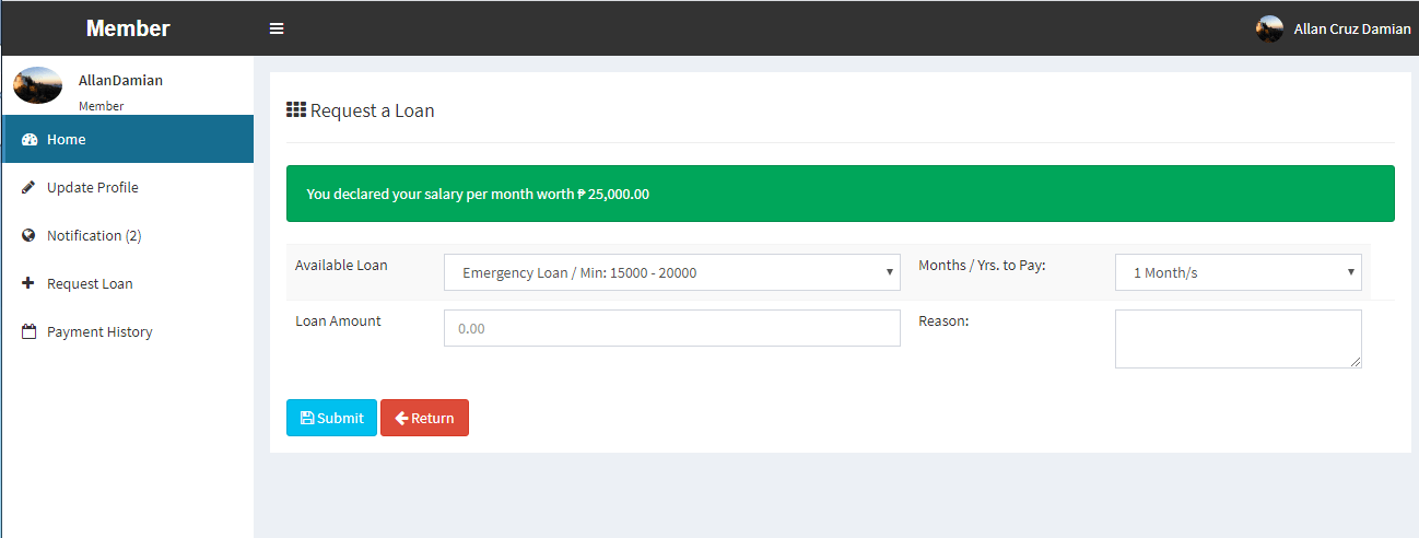 Online Loan Management System Member Loan Request