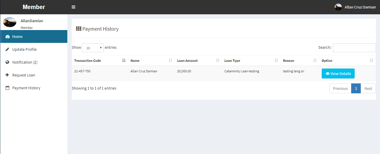 Online Loan Management System Payment History