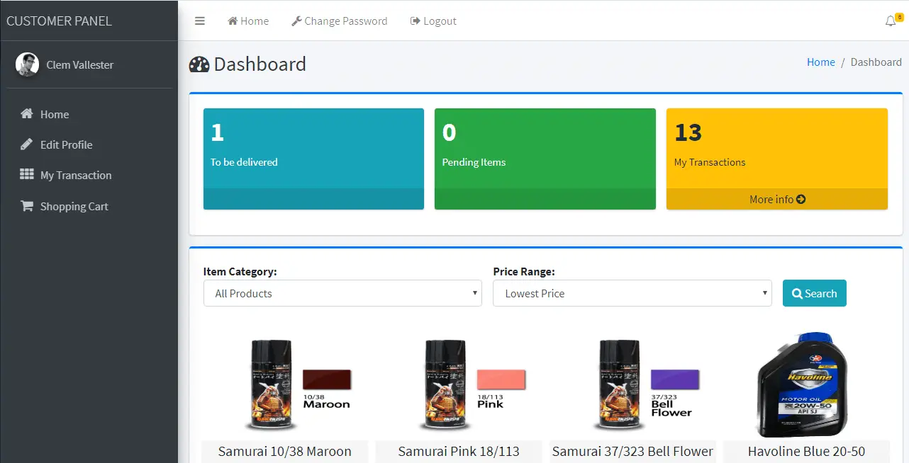 Online Shopping and Inventory System Customer Dashboard