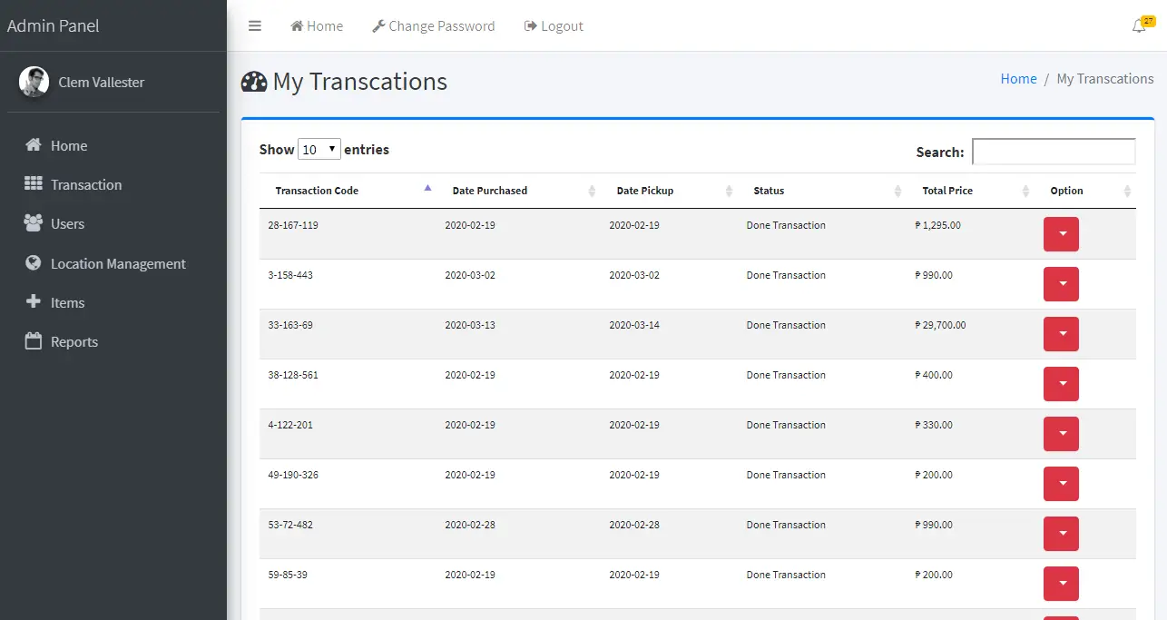 Online Shopping and Inventory System Transaction List