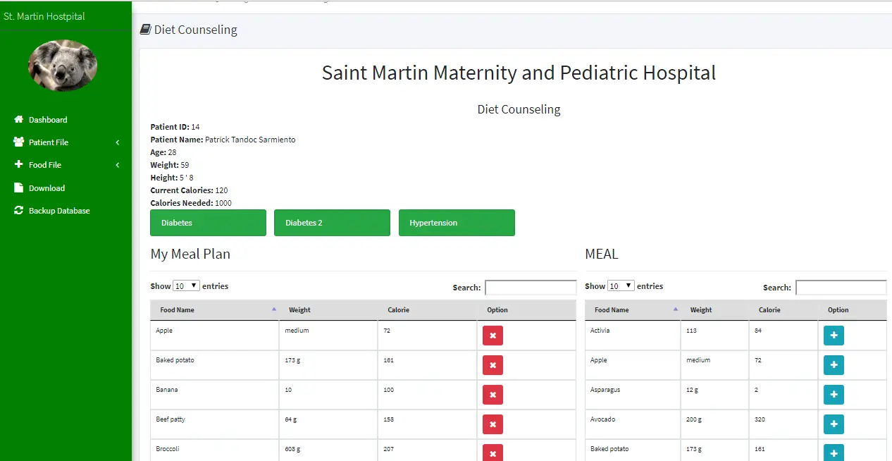 Patient Information System with BMI and Diet Counseling Diet Counseling