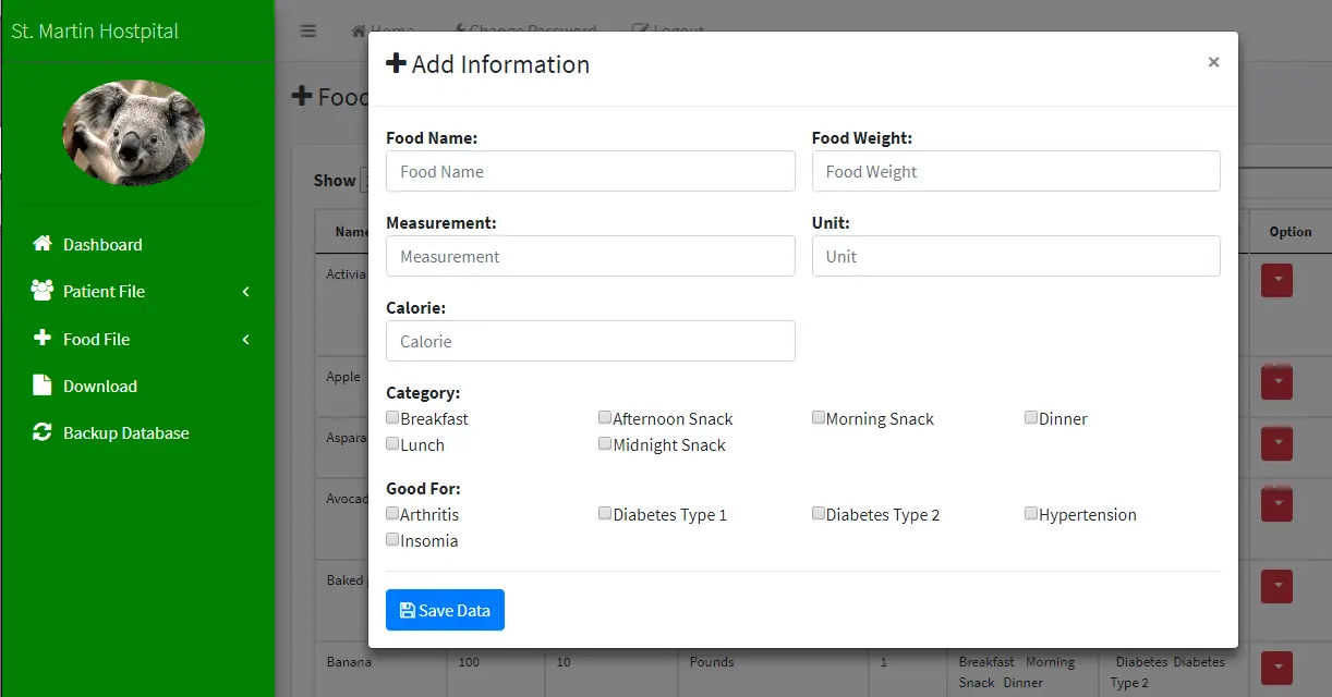 Patient Information System with BMI and Diet Counseling Food Information Encoding
