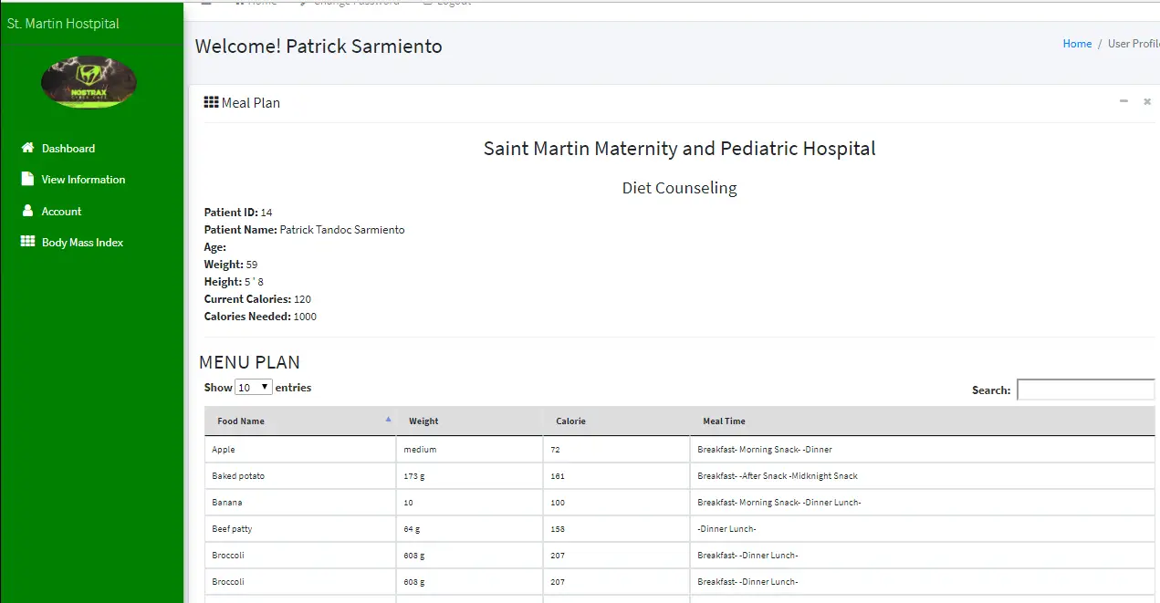 Patient Information System with BMI and Diet Counseling Menu Plan