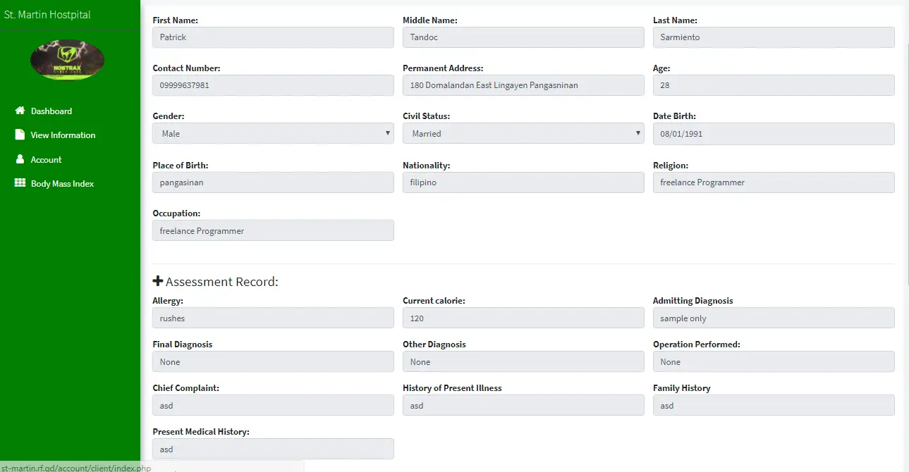 Patient Information System with BMI and Diet Counseling Patient Assessment Form