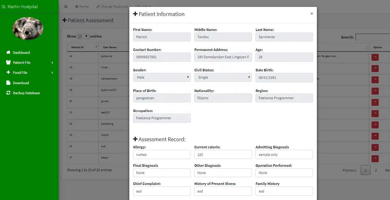 Patient Information System with BMI and Diet Counseling Patient Assessment