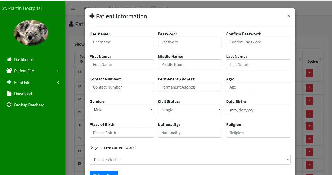 Patient Information System with BMI and Diet Counseling Patient Encoding Form