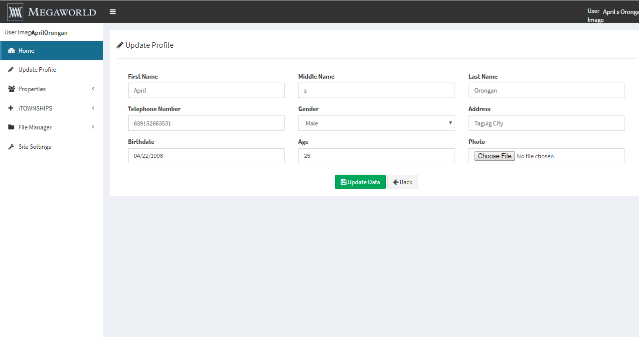 Property Management with Content management System Admin Update Profile Page