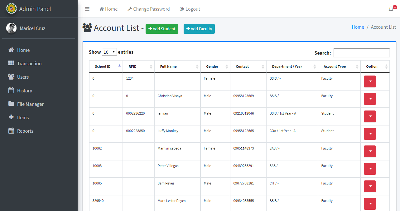 RFID Based Equipment Management Account List