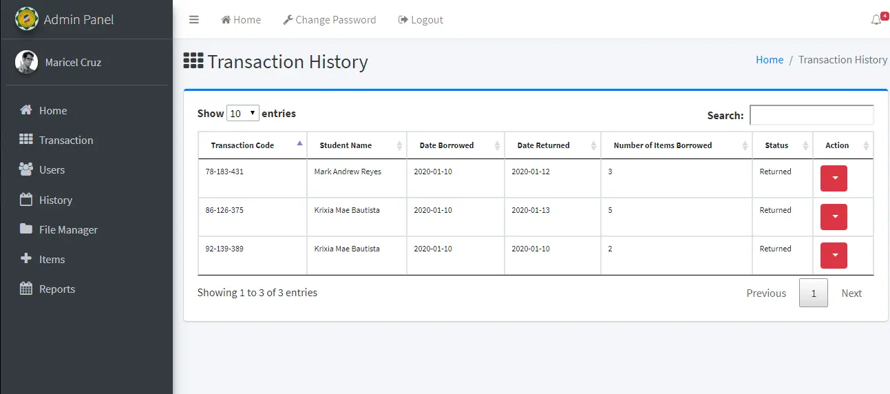 RFID Based Equipment Management Transaction History