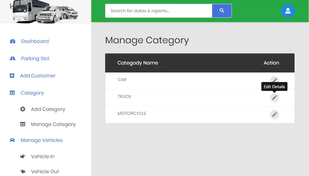 Car Parking System Category Management