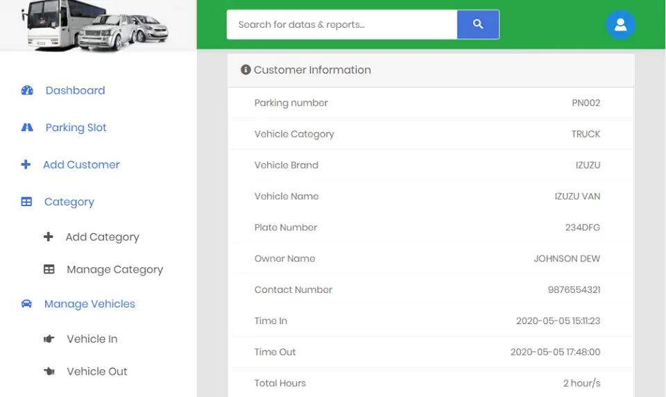 Car Parking System Customer Information Module