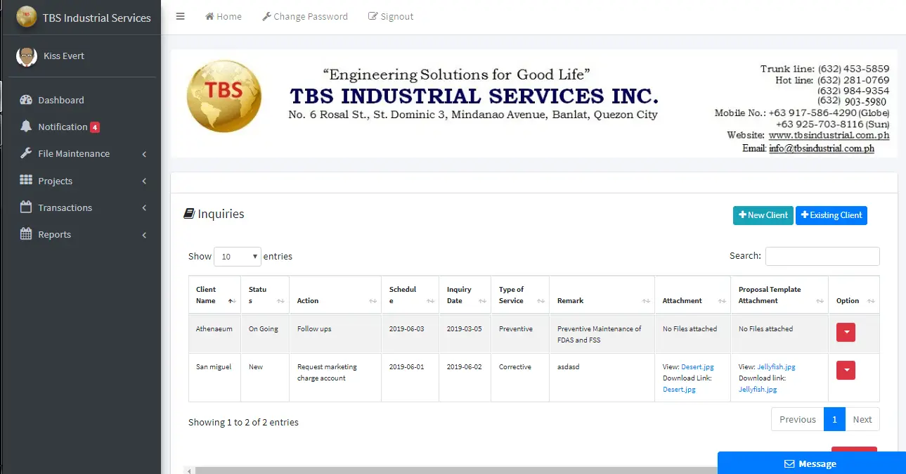 Client Monitoring System Inquiries Module