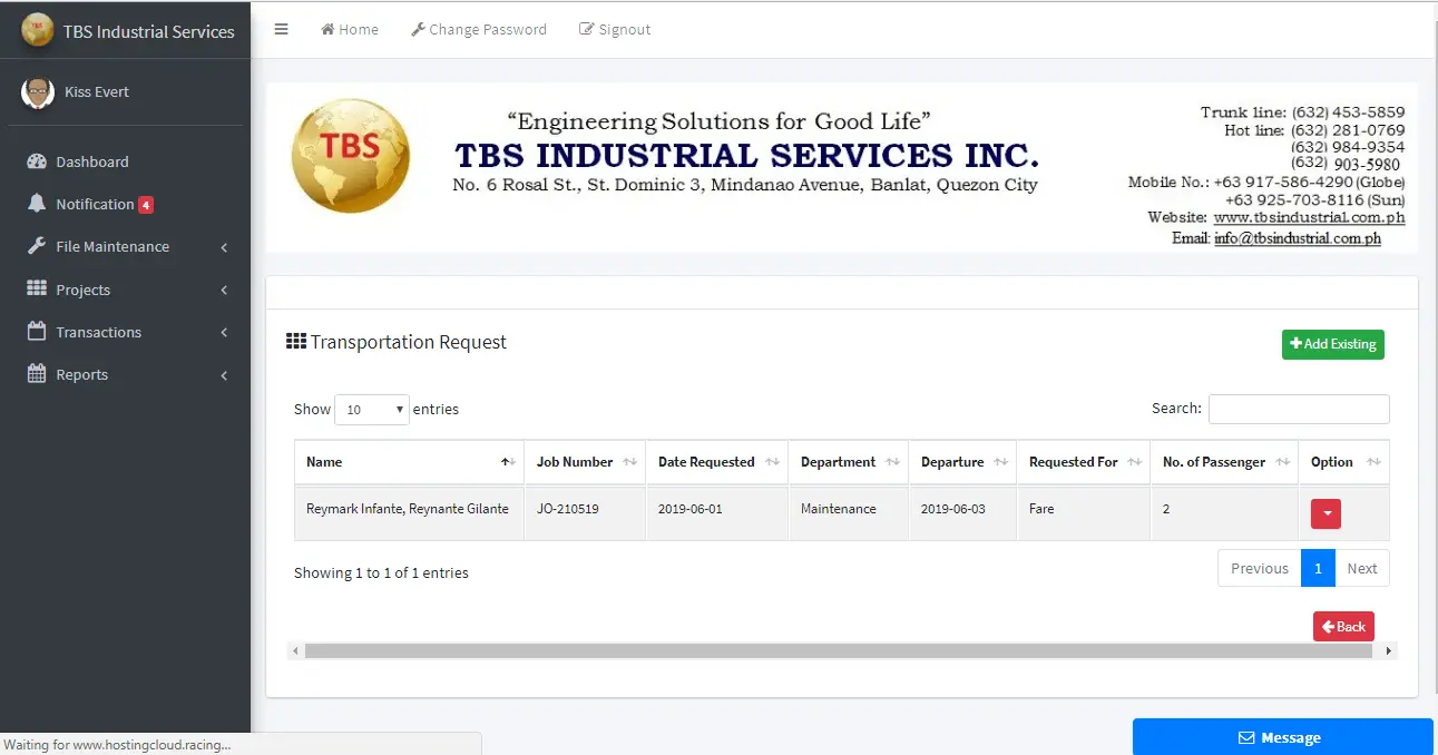 Client Monitoring System Transportation Request