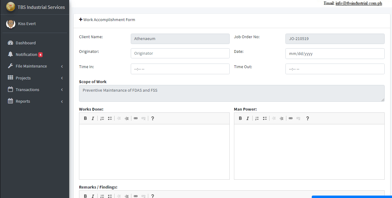 Client Monitoring System Work Accomplishment Form