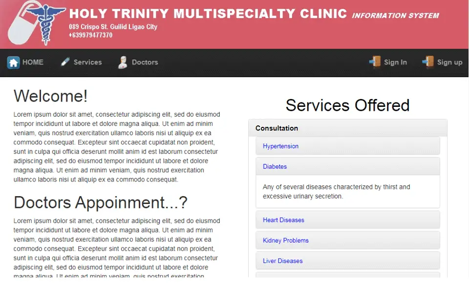 Doctor Appointment System Services Offered Page