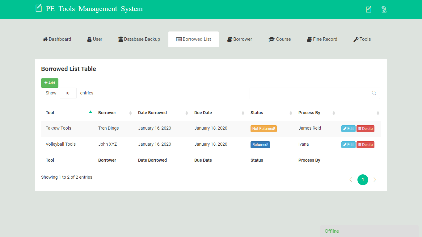 PE Tools Management System Borrowed List