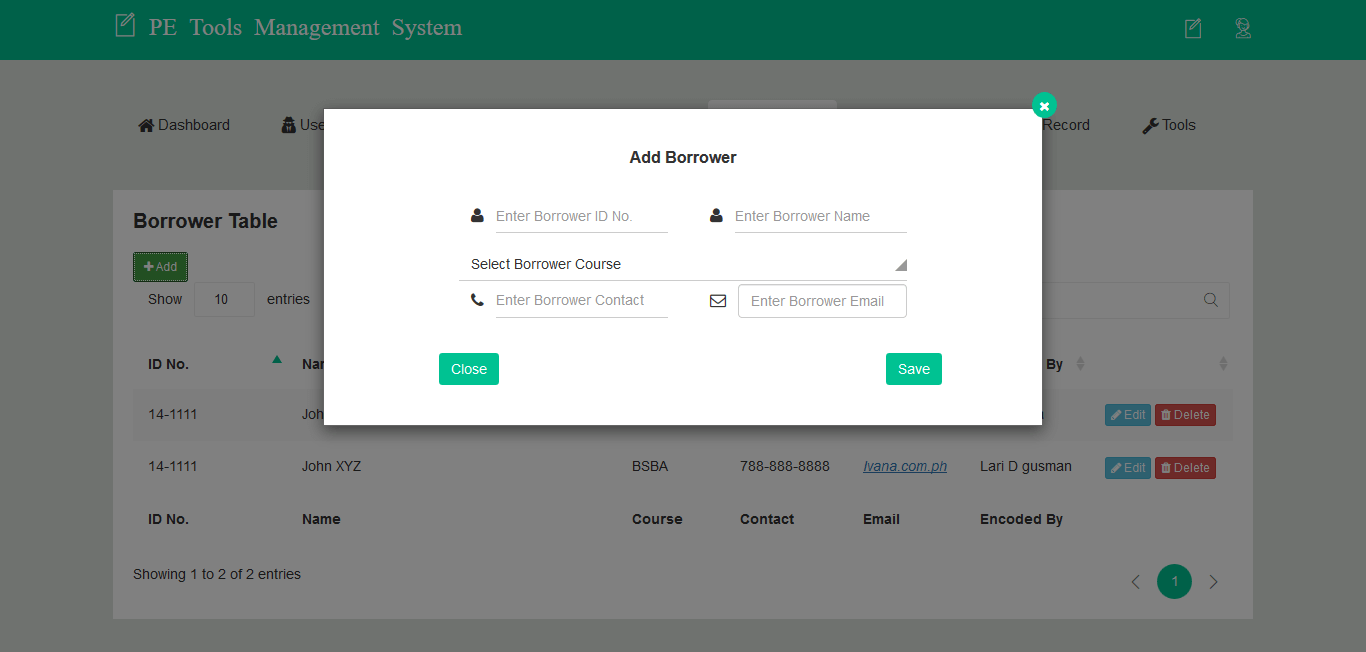 PE Tools Management System Borrower Encoding