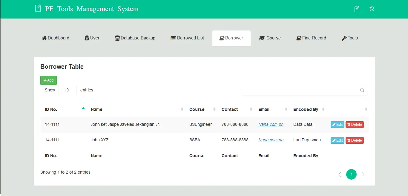 PE Tools Management System Borrower Information