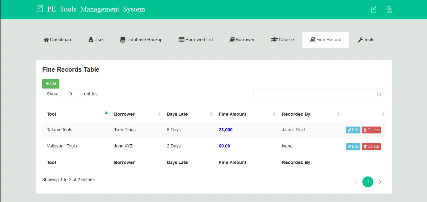 PE Tools Management System Fine Record