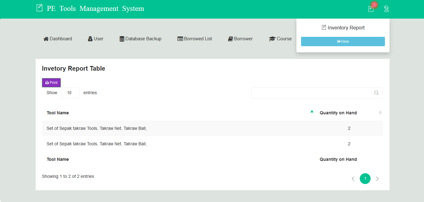 PE Tools Management System Inventory Report