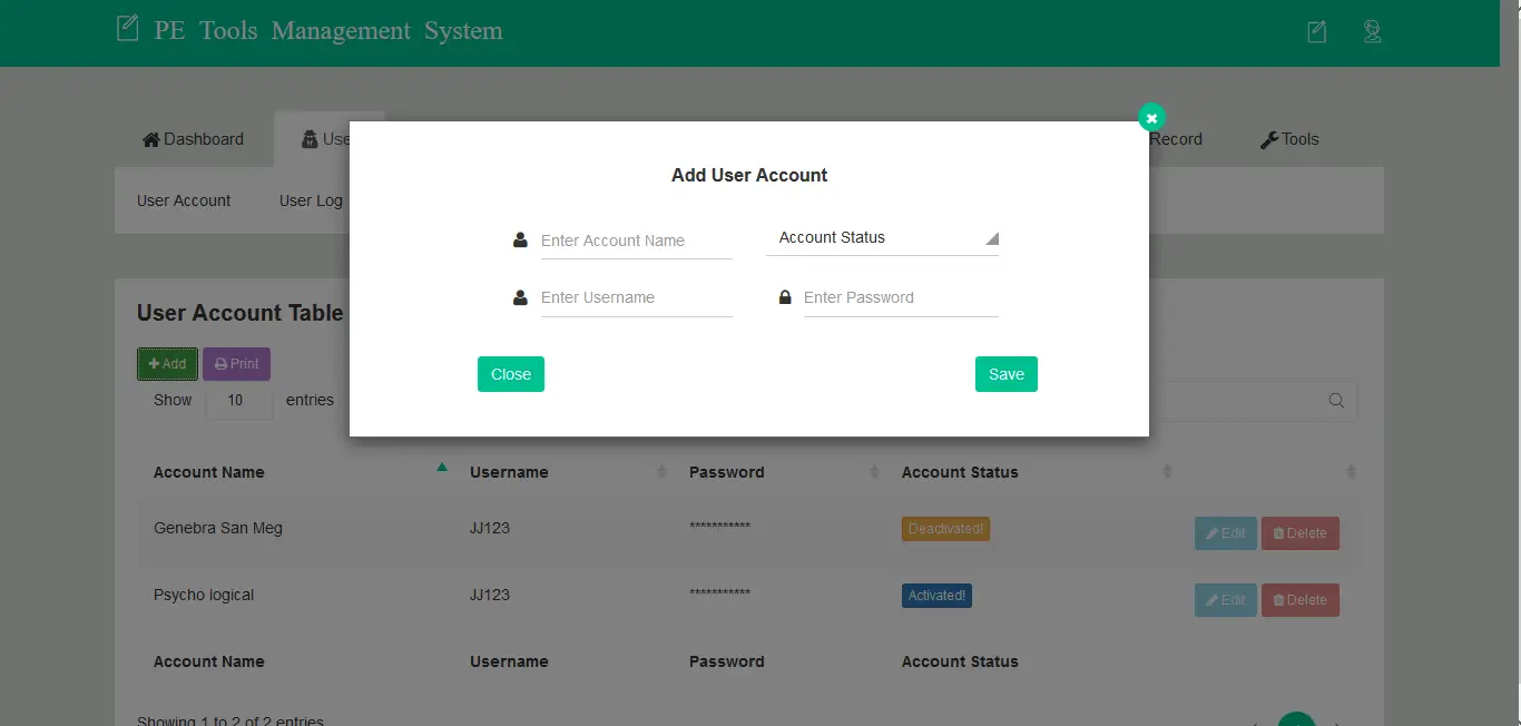 PE Tools Management System User Account Encoding