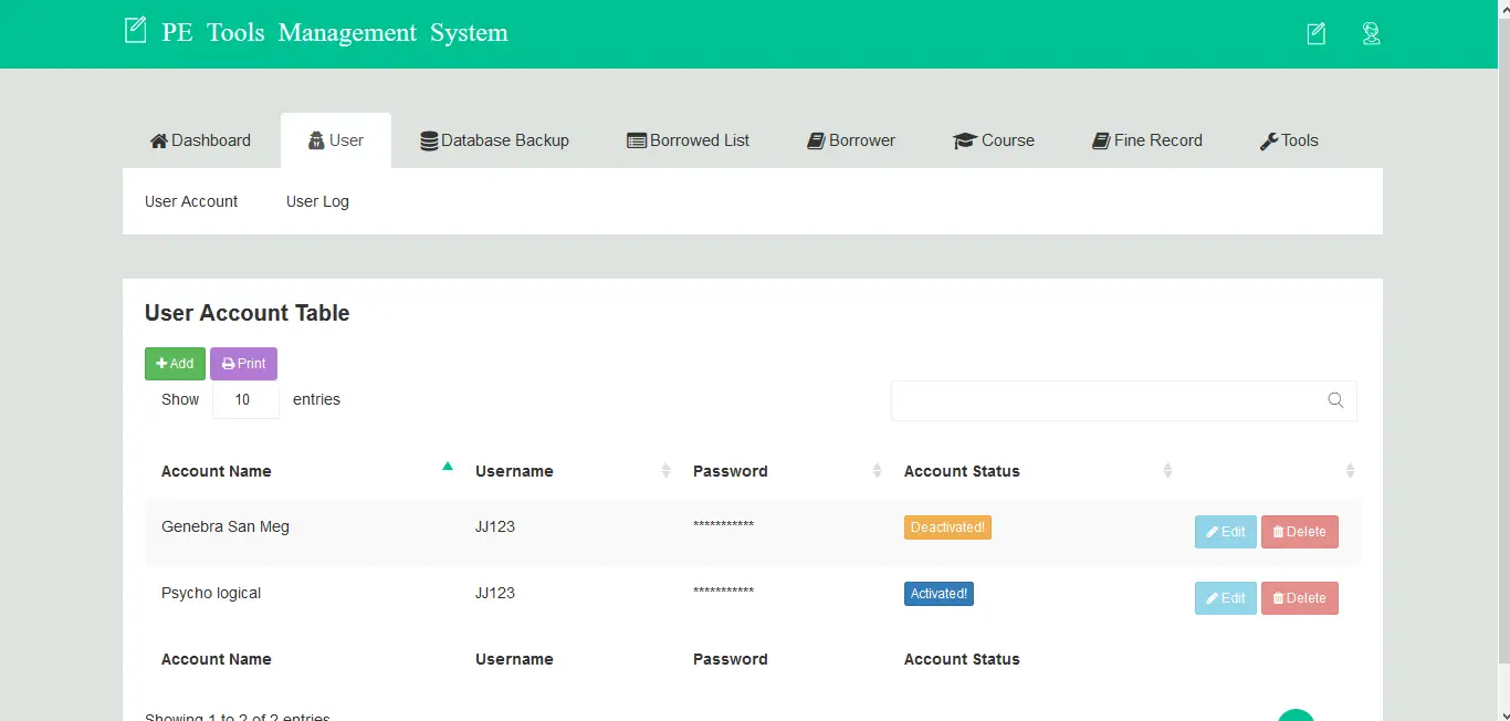 PE Tools Management System User Account