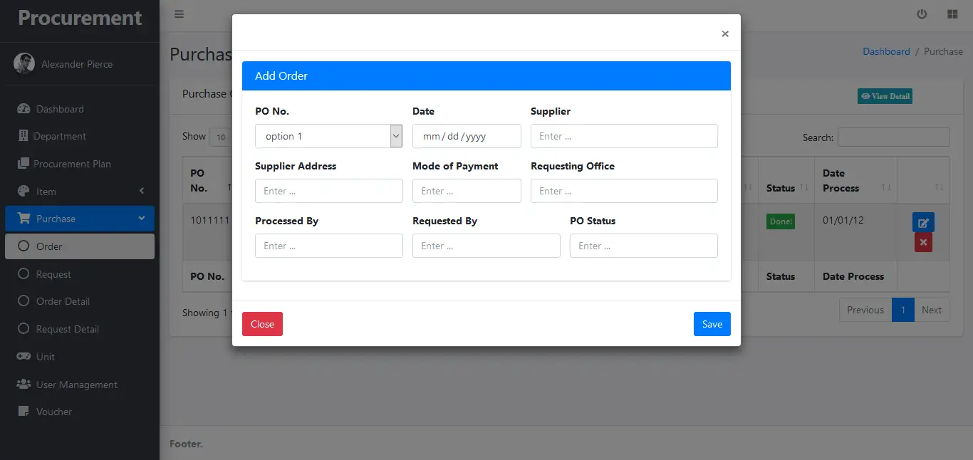 Procurement System Purchase Order Encoding