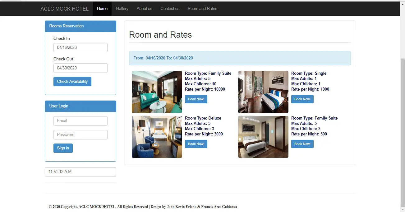 Room Rates and Information of Hotel Reservation System