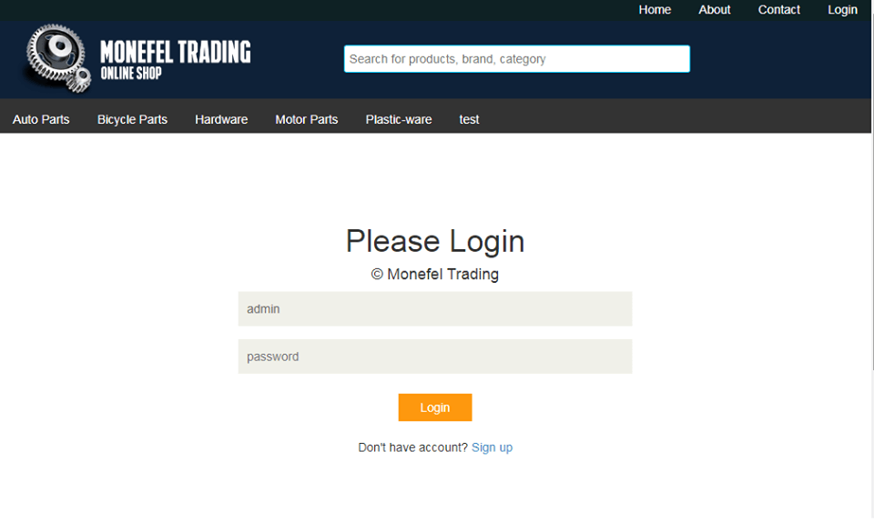 System Module of Online Shop Application Login Page