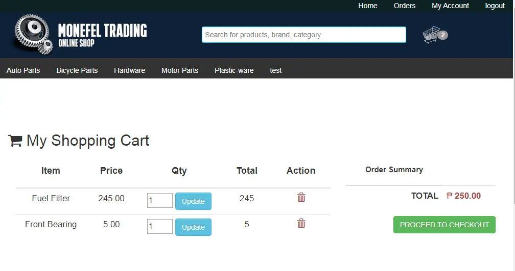 System Module of Online Shop Application Shopping Cart Page