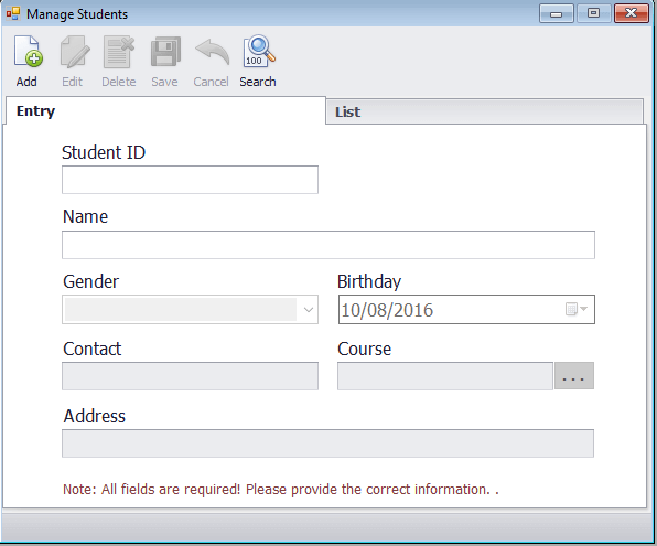 TOR Manage Students Form