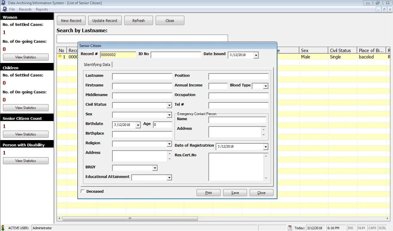 City Social Welfare and Development Office Data Archiving Information System User Interface