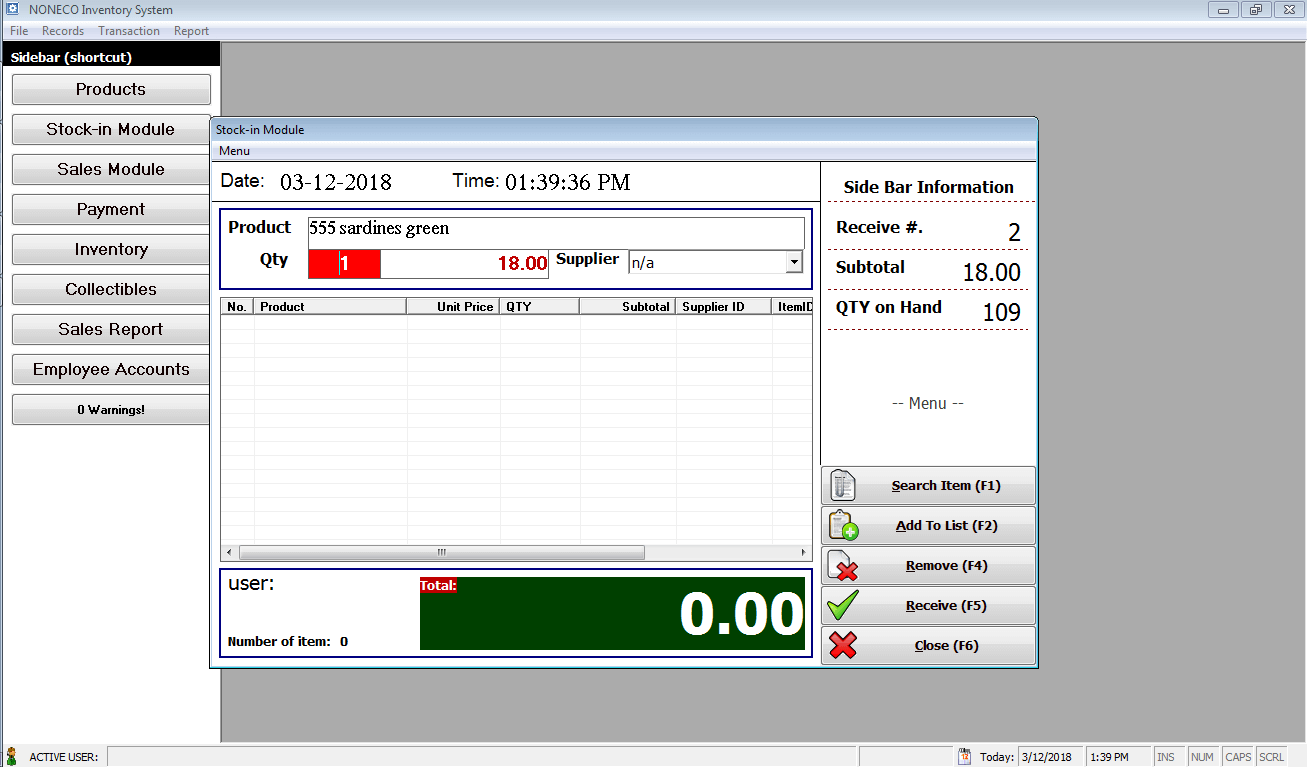 Canteen Stock-in and POS Module