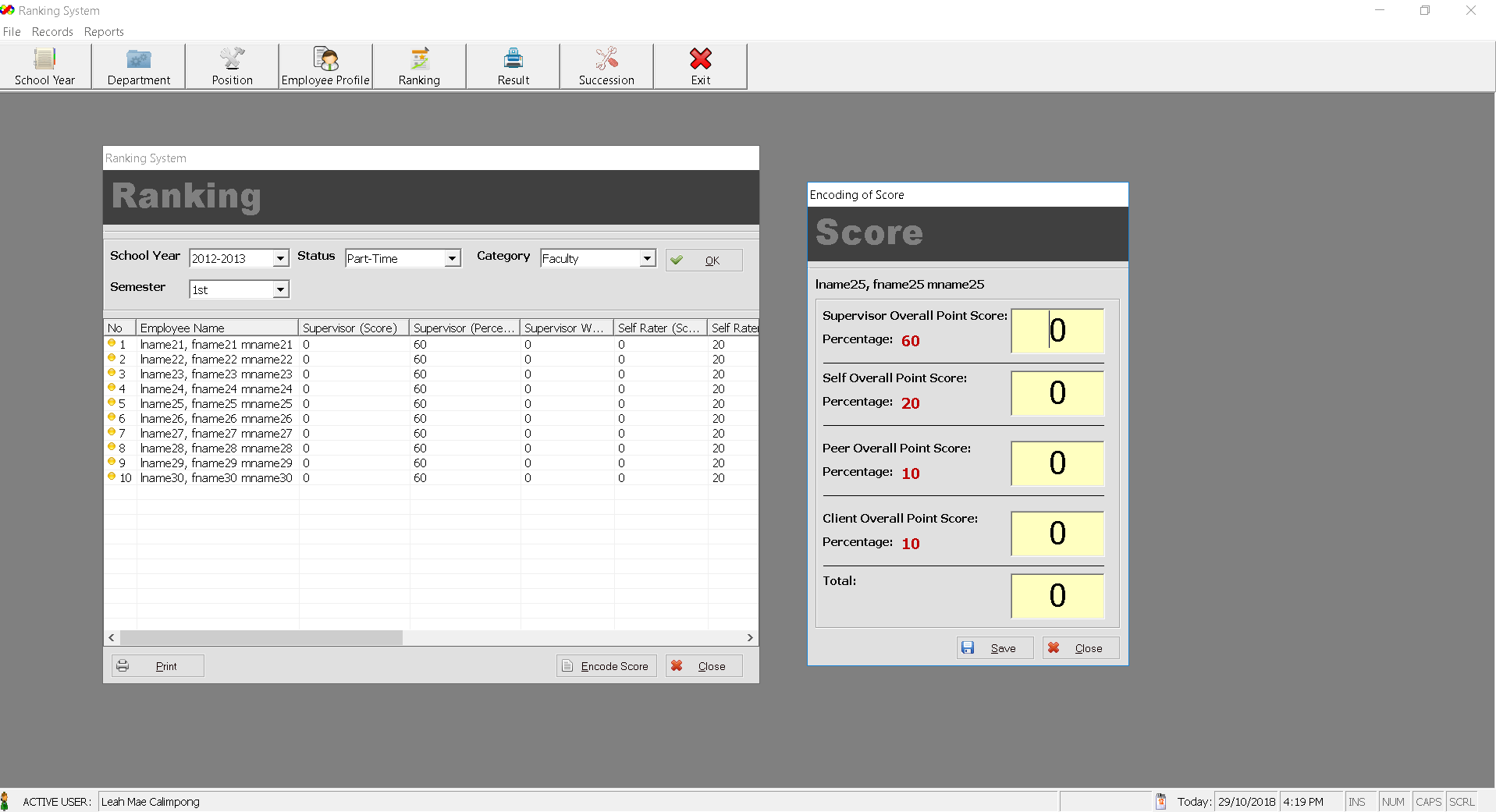 Employee and Faculty Evaluation with Ranking and Succession Planning