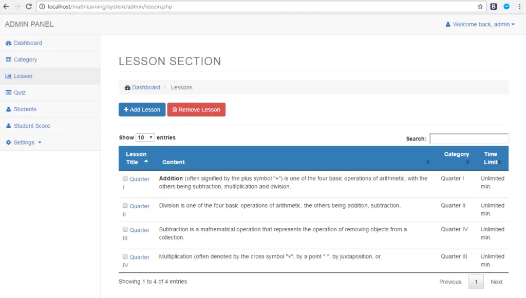ELearning System for Math using PHP, MySQL and Bootstrap