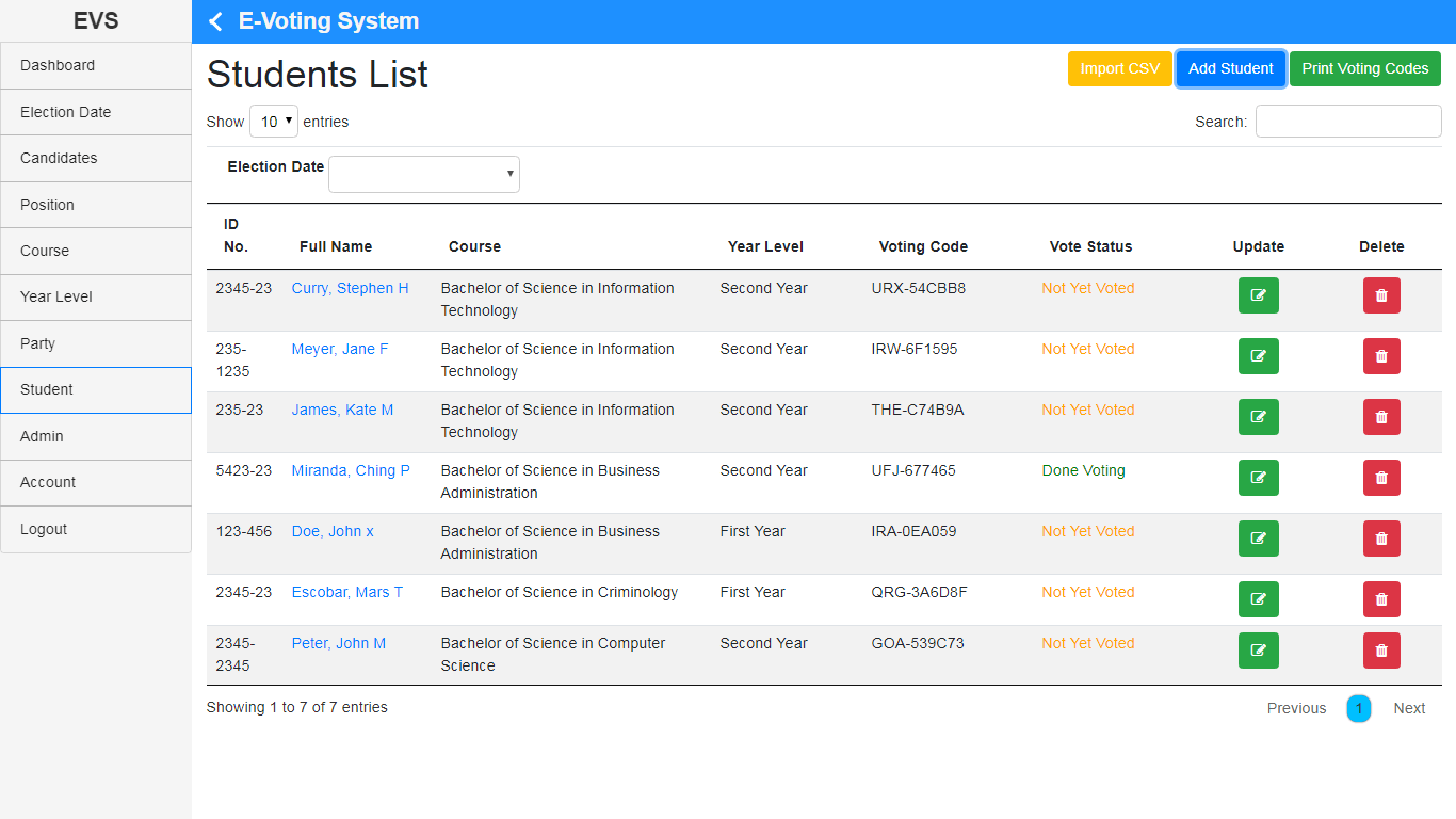 Online Voting Platform Student Information Encoding Page