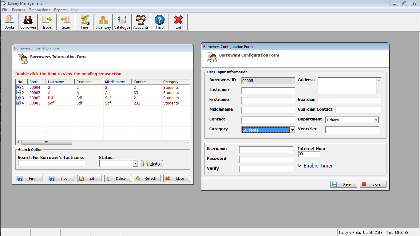 Library Time Monitoring System Borrower Encoding and Timer Entry Form