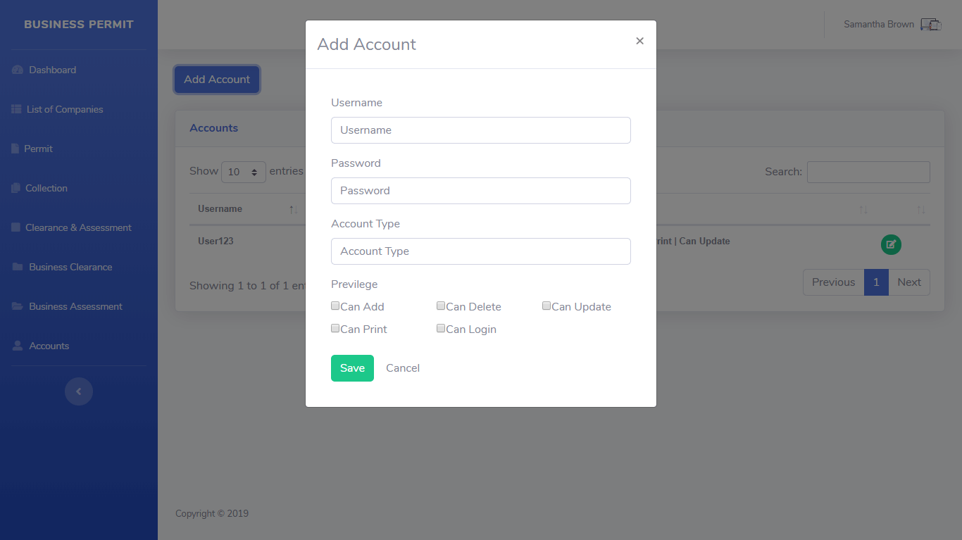 Business Permit Application and Monitoring System Accounts Module