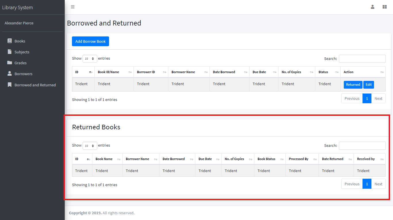 Library System Borrowing and Returning of Books Management Module