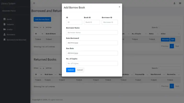 Library System in PHP and MySQL User Interface