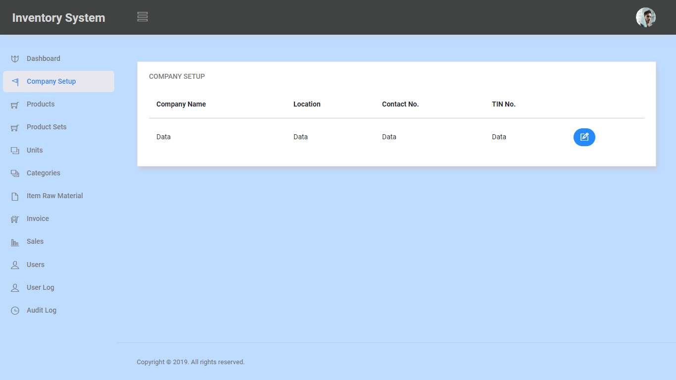 Inventory System Company Setup Module