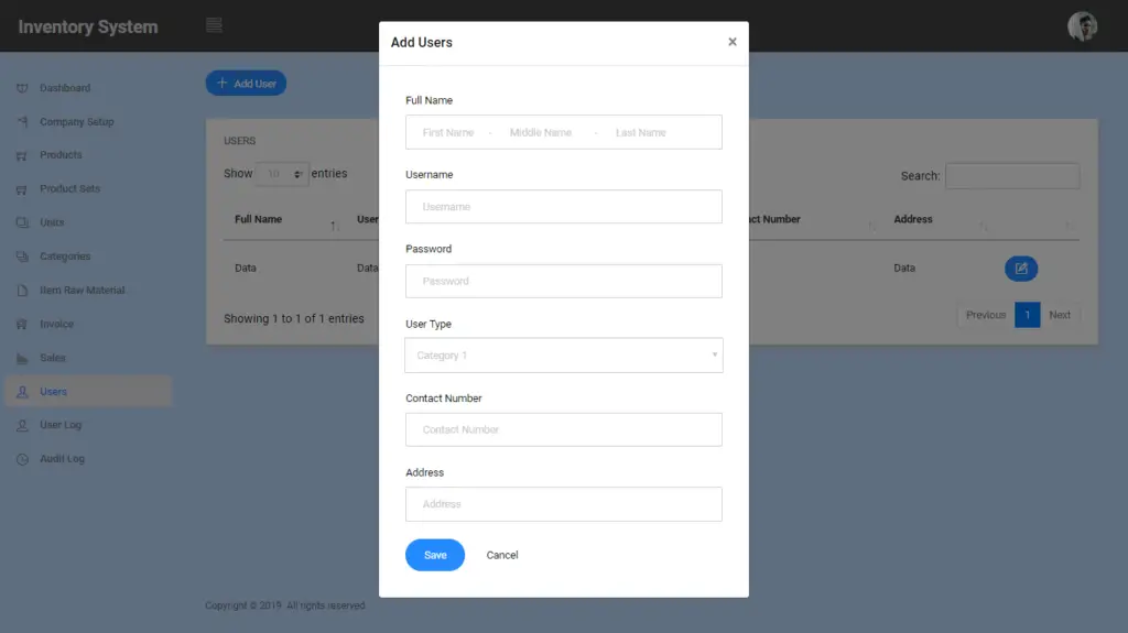 Inventory System in PHP and MySQL User Interface