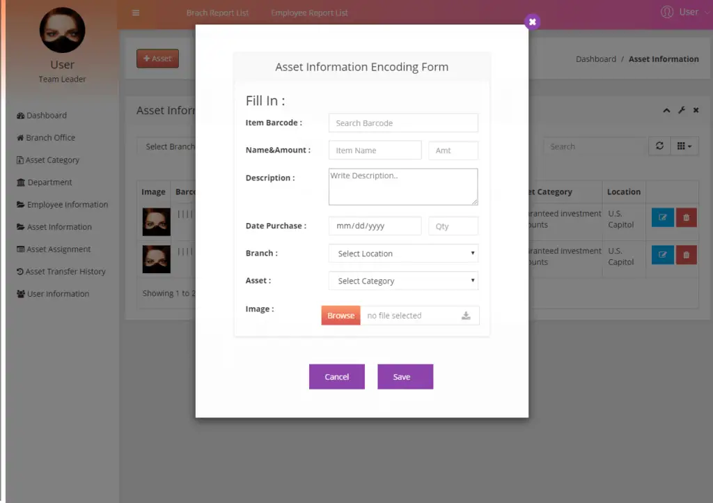 Asset Management System User Interface in Bootstrap and PHP