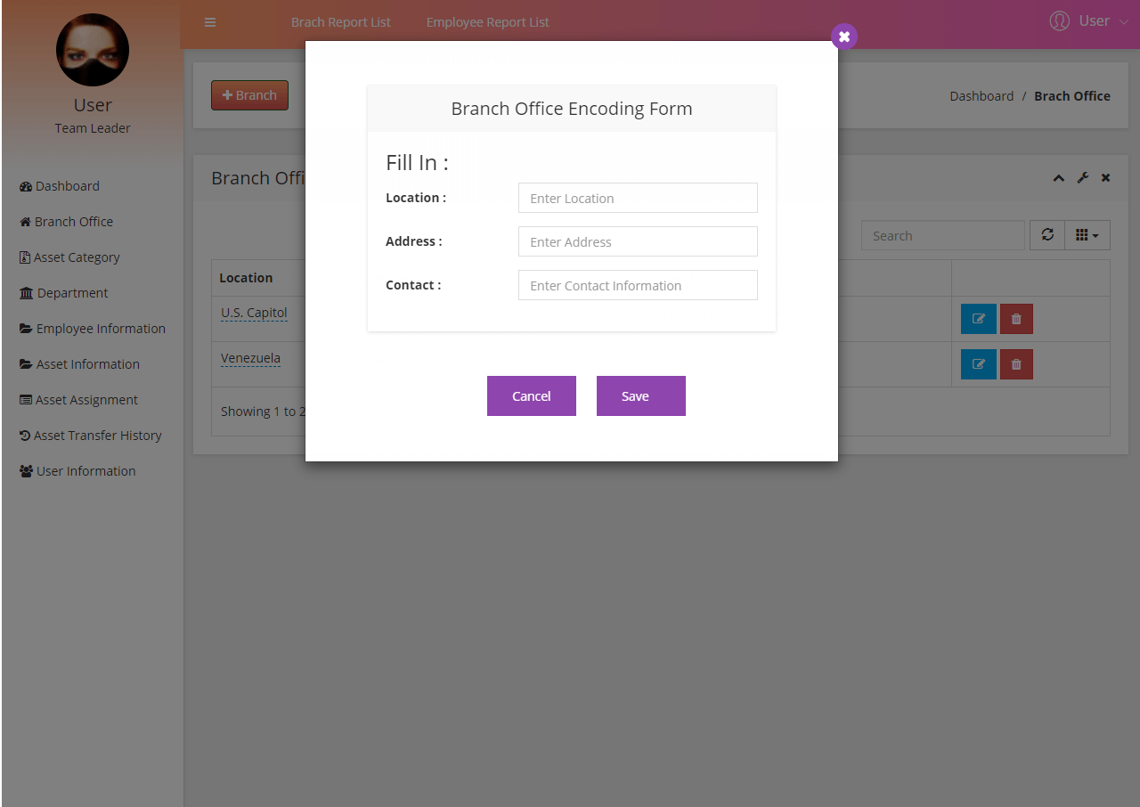 Asset Management System Branch Office Encoding Form