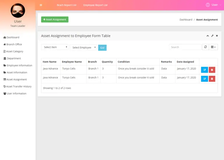 Asset Management System User Interface in Bootstrap and PHP